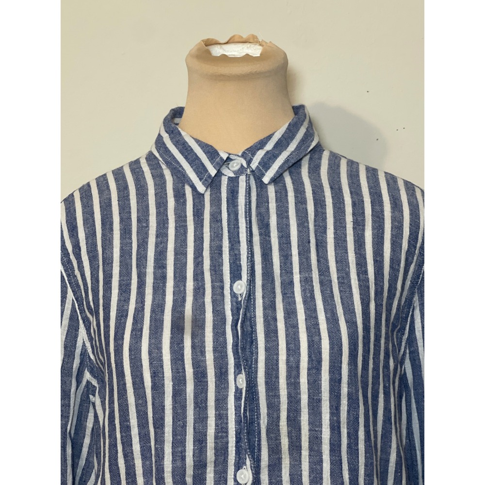 Beachlunchlounge Striped Linen Blend Shirt L Blue Coastal Nautical Casual Preppy - Picture 2 of 8